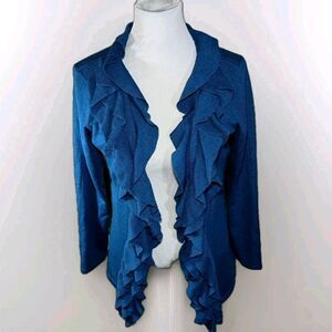 Grace Elements Womens Sz S Small Blue Ruffled Collar Open Front Cardigan Sweater